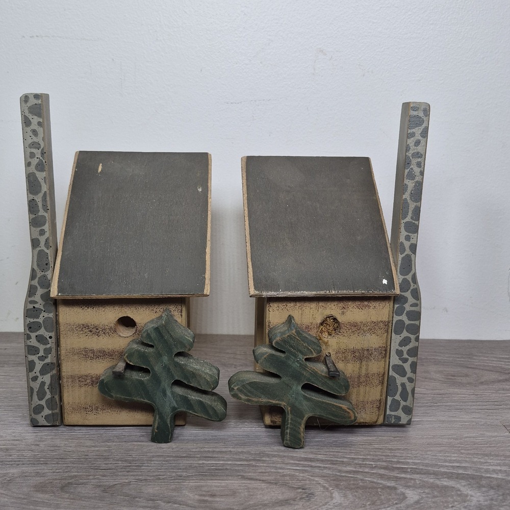 Vintage Handmade Folk Art Wood Cabin Birdhouse Bookend Wall Art Holiday Decor